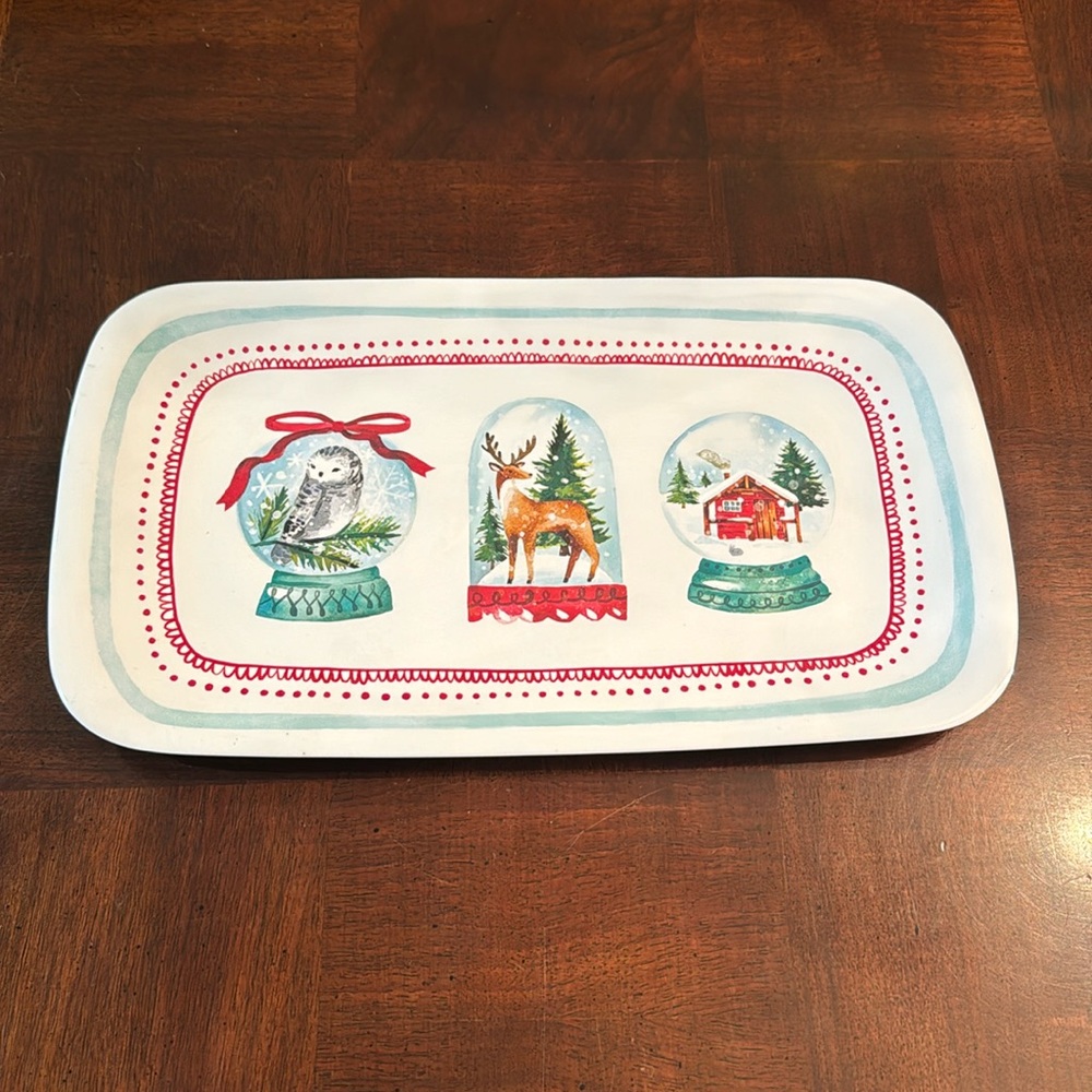 Melamine Winter Holiday Theme Sandwich Tray Entertaining Dish Snowglobes